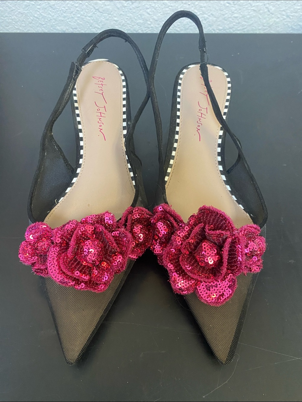 Betsey Johnson Black Slingback Heels with Pink Sequin Floral Appliques